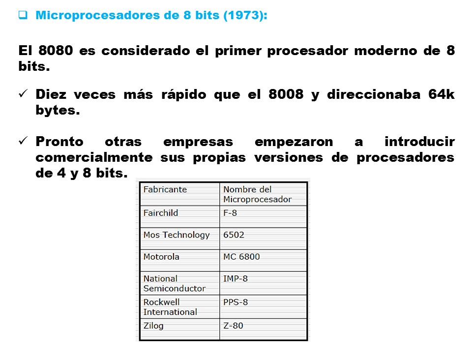El 8080 es considerado el primer procesador moderno de 8 bits.