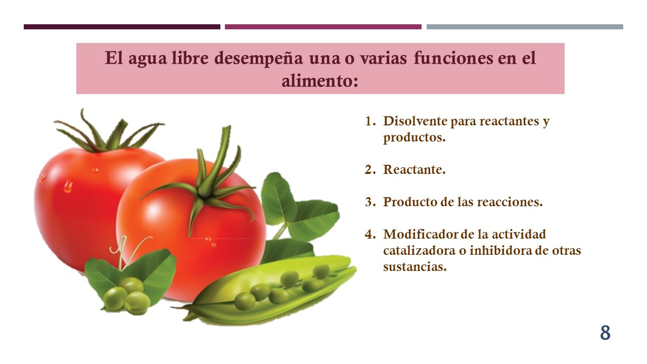 El agua libre desempeña una o varias funciones en el alimento: