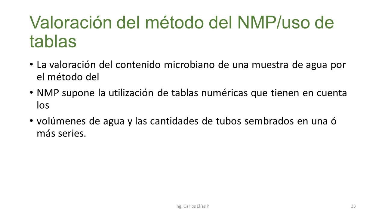 Valoración del método del NMP/uso de tablas