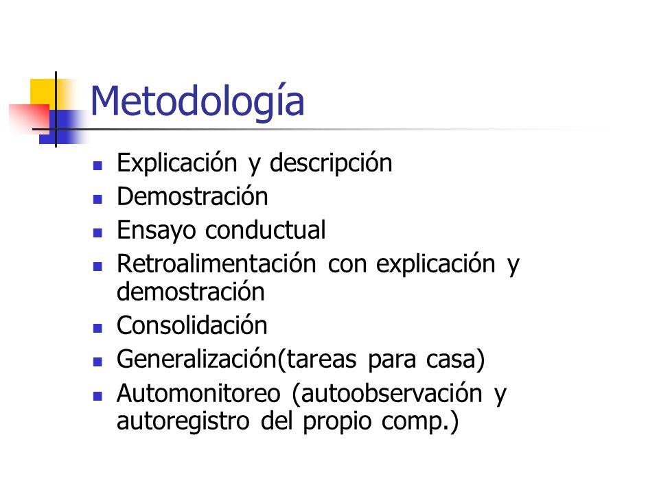 Metodología Explicación y descripción Demostración Ensayo conductual