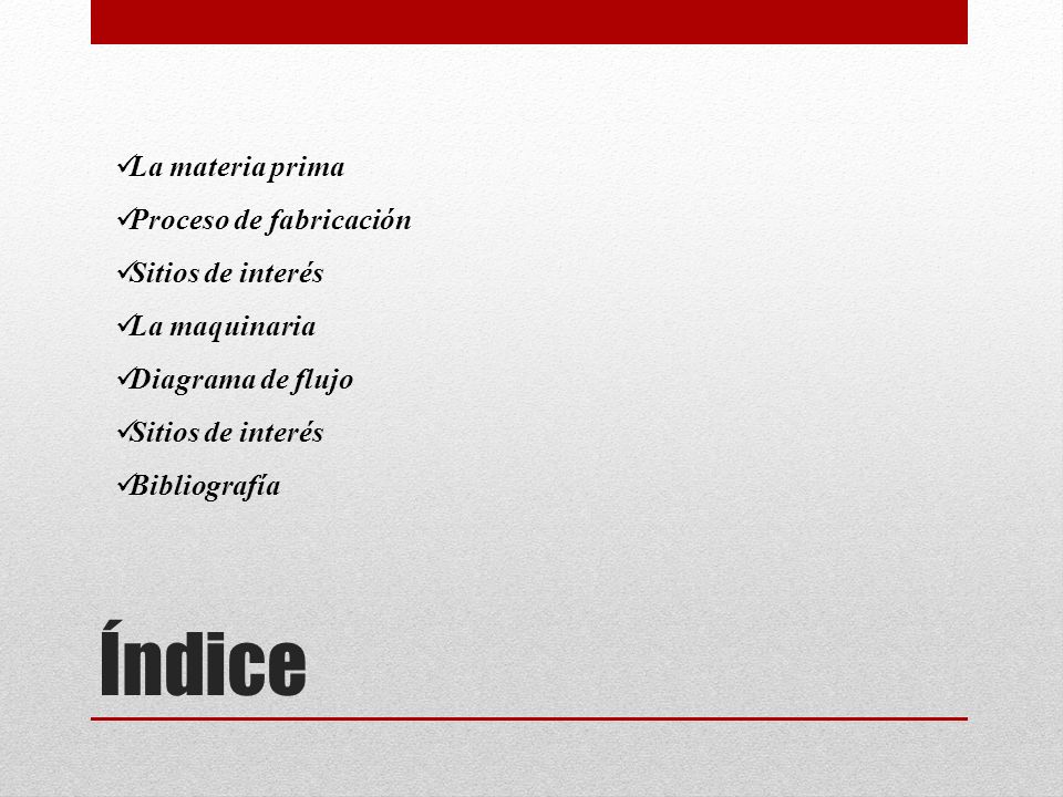 Índice La materia prima Proceso de fabricación Sitios de interés