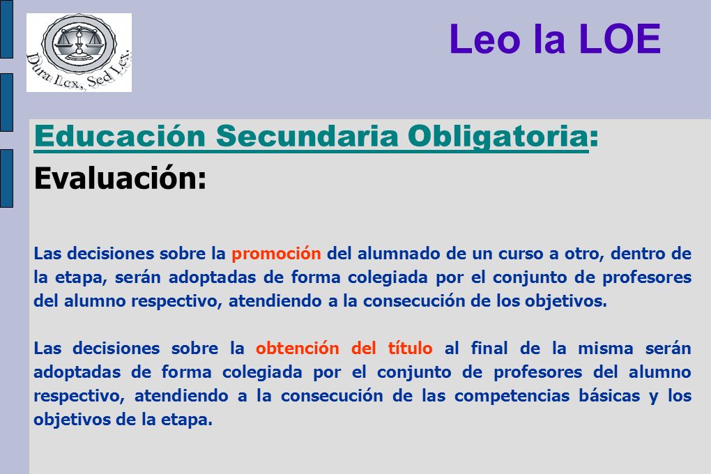 Leo la LOE Educación Secundaria Obligatoria: Evaluación: