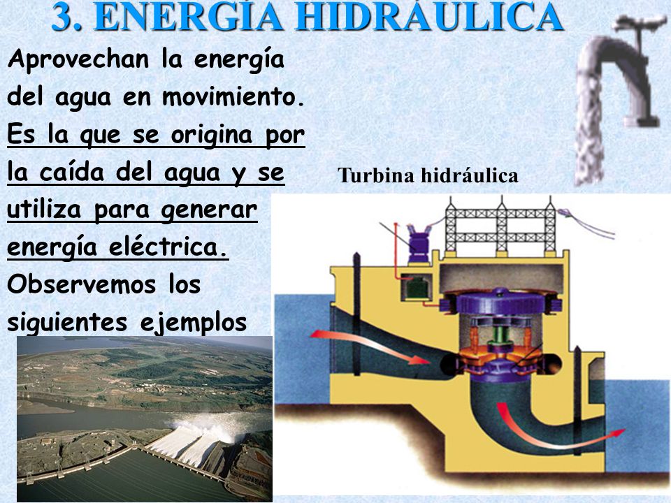 3. ENERGÍA HIDRÁULICA Aprovechan la energía del agua en movimiento.