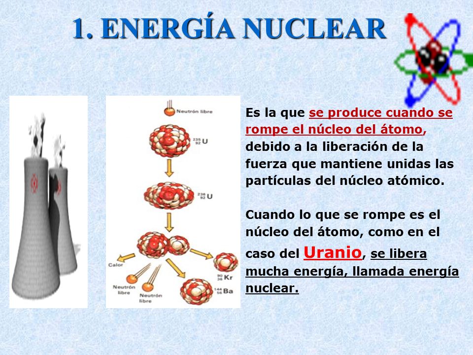 1. ENERGÍA NUCLEAR Es la que se produce cuando se