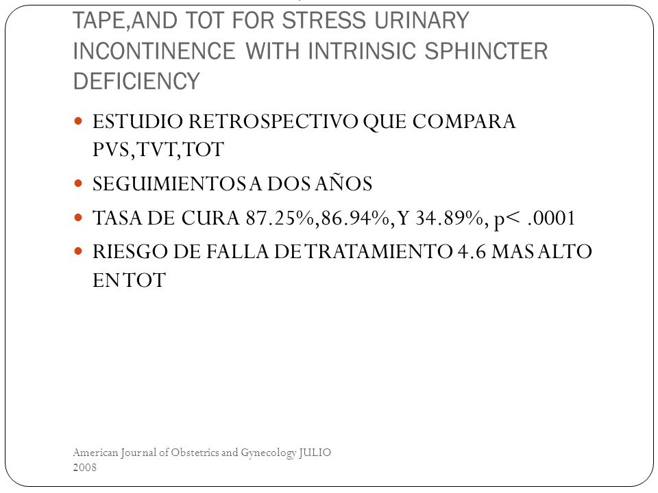 COMPARISON OF DE TRATMENT OUTCOME OF PUBOVAGINAL SLING, TENSION-FREE VAGINAL TAPE,AND TOT FOR STRESS URINARY INCONTINENCE WITH INTRINSIC SPHINCTER DEFICIENCY
