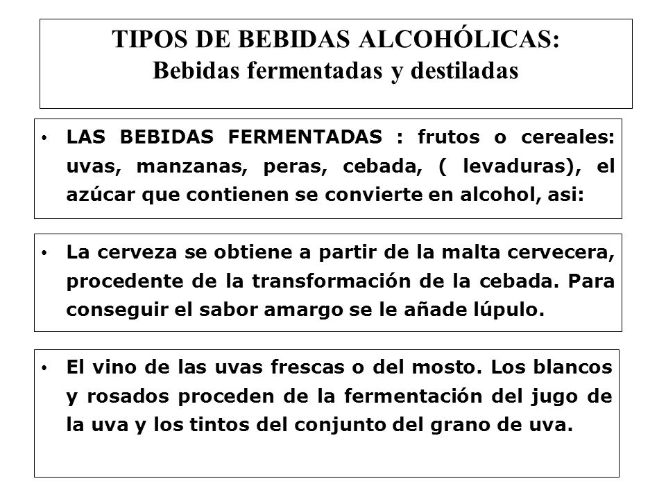 TIPOS DE BEBIDAS ALCOHÓLICAS: Bebidas fermentadas y destiladas