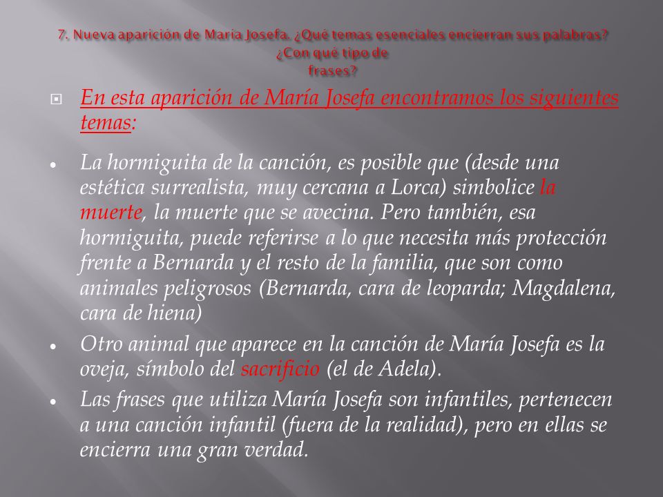 En esta aparición de María Josefa encontramos los siguientes temas: