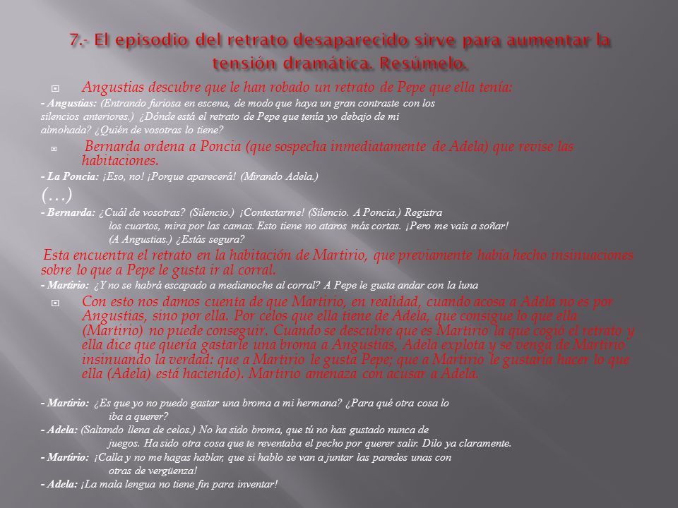 7.- El episodio del retrato desaparecido sirve para aumentar la tensión dramática. Resúmelo.