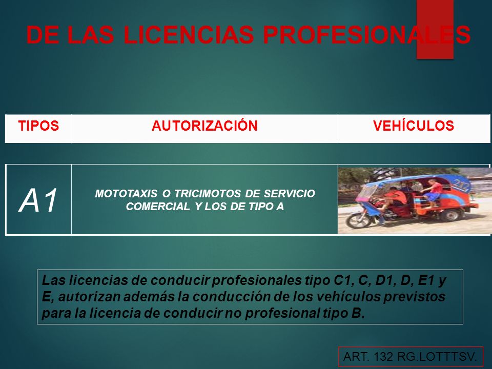A1 DE LAS LICENCIAS PROFESIONALES TIPOS AUTORIZACIÓN VEHÍCULOS