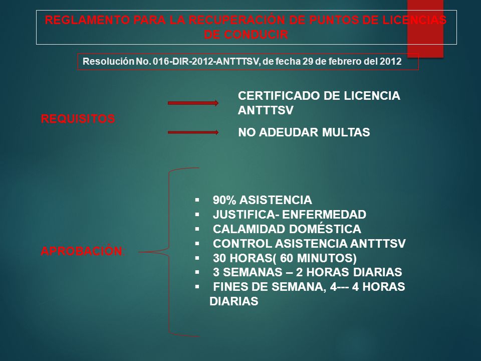 REGLAMENTO PARA LA RECUPERACIÓN DE PUNTOS DE LICENCIAS DE CONDUCIR