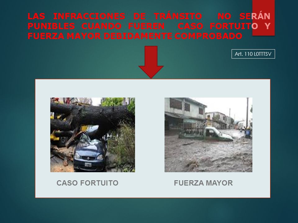 LAS INFRACCIONES DE TRÁNSITO NO SERÁN PUNIBLES CUANDO FUEREN CASO FORTUITO Y FUERZA MAYOR DEBIDAMENTE COMPROBADO