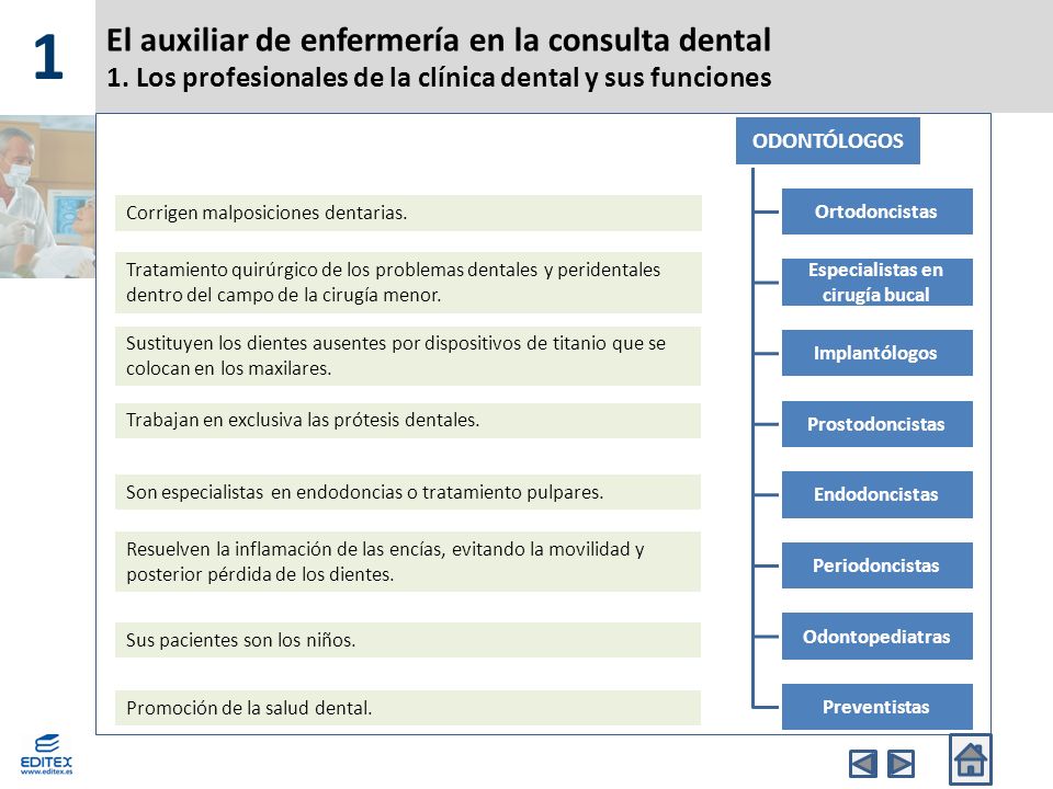 1 El auxiliar de enfermería en la consulta dental 1. Los profesionales de la clínica dental y sus funciones.
