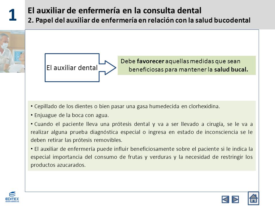 1 El auxiliar de enfermería en la consulta dental 2. Papel del auxiliar de enfermería en relación con la salud bucodental.