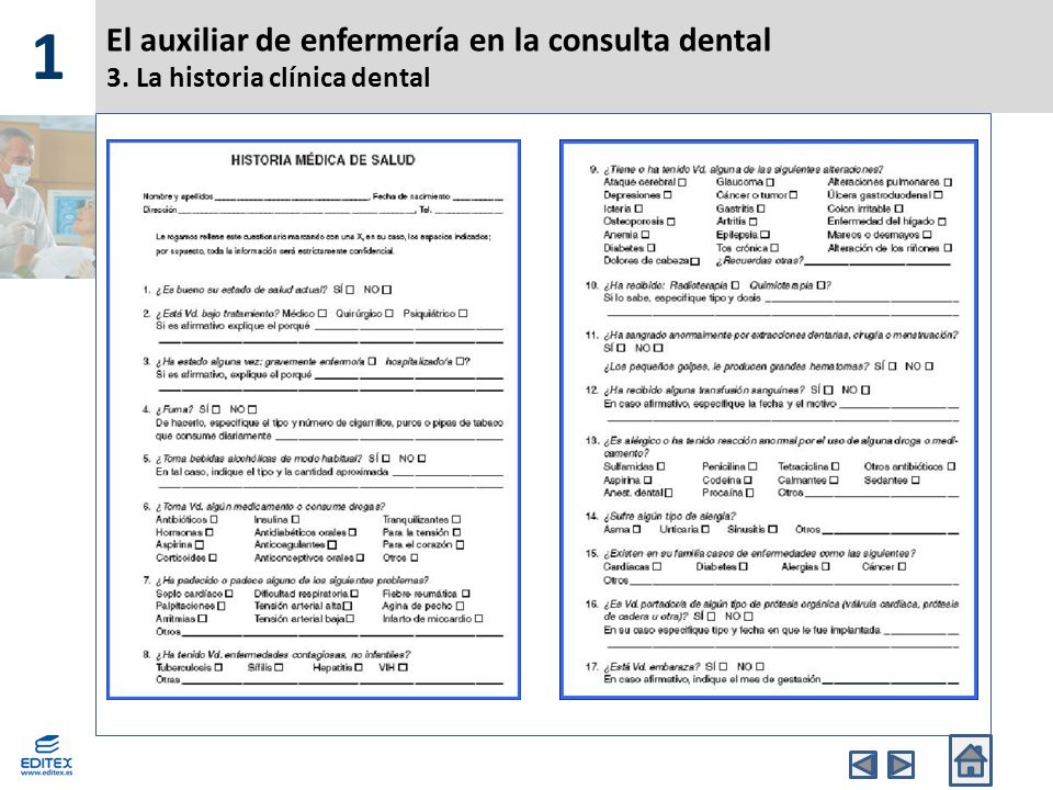 1 El auxiliar de enfermería en la consulta dental 3. La historia clínica dental
