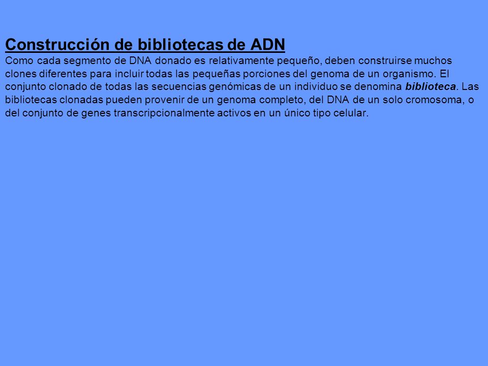 Construcción de bibliotecas de ADN Como cada segmento de DNA donado es relativamente pequeño, deben construirse muchos clones diferentes para incluir todas las pequeñas porciones del genoma de un organismo.