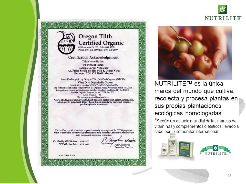 NUTRILITE™ es la única marca del mundo que cultiva, recolecta y procesa plantas en sus propias plantaciones ecológicas homologadas.