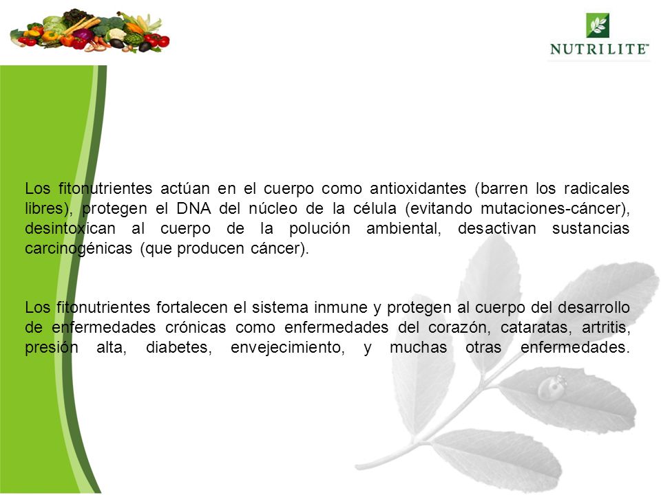 Los fitonutrientes actúan en el cuerpo como antioxidantes (barren los radicales libres), protegen el DNA del núcleo de la célula (evitando mutaciones-cáncer), desintoxican al cuerpo de la polución ambiental, desactivan sustancias carcinogénicas (que producen cáncer).