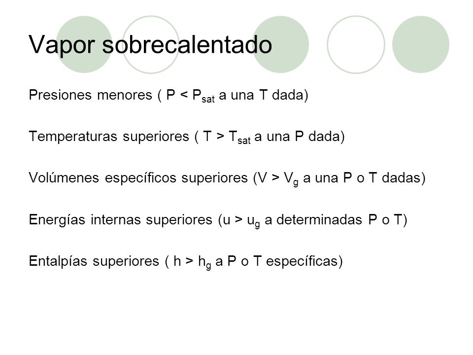 Vapor sobrecalentado Presiones menores ( P < Psat a una T dada)