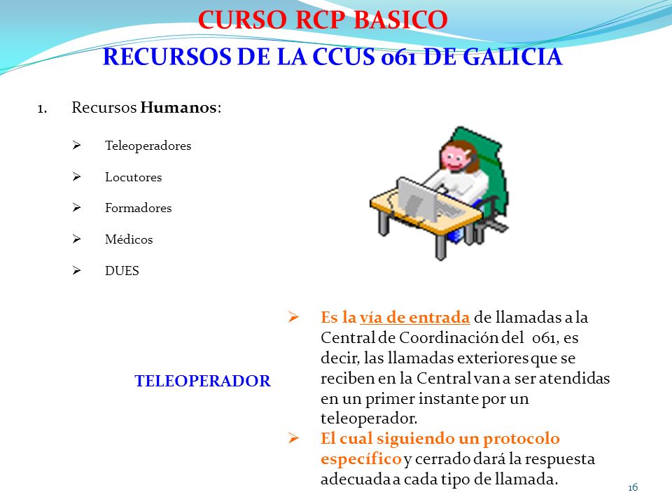 CURSO RCP BASICO RECURSOS DE LA CCUS 061 DE GALICIA Recursos Humanos: