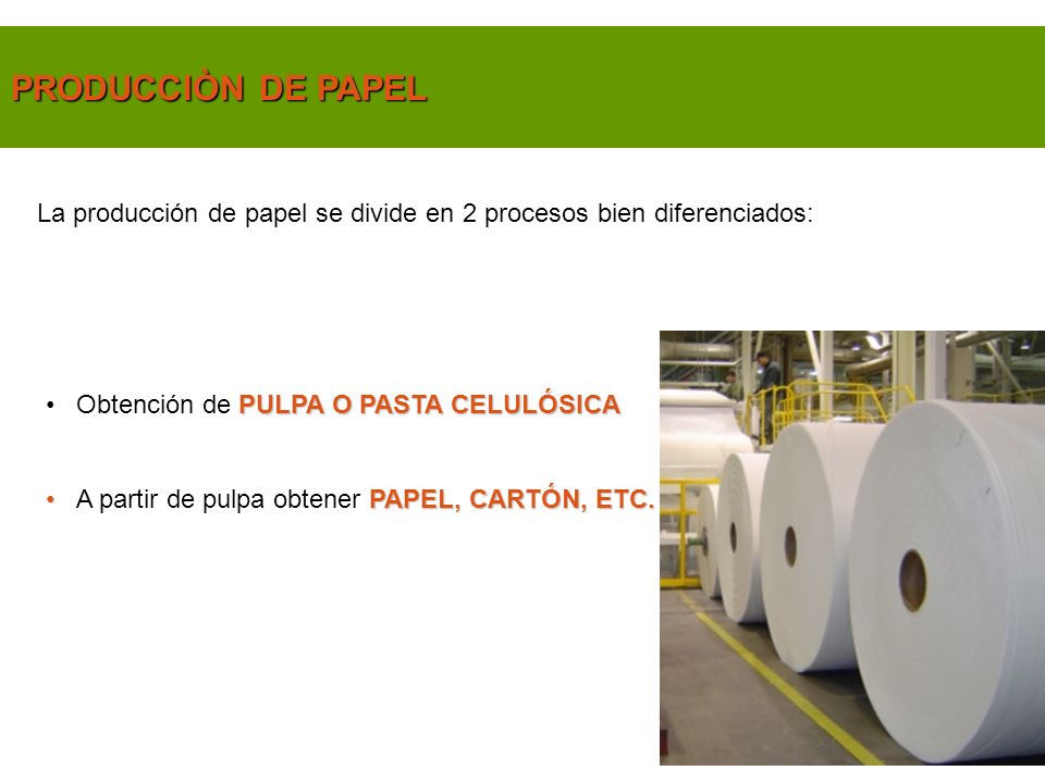 PRODUCCIÒN DE PAPEL La producción de papel se divide en 2 procesos bien diferenciados: Obtención de PULPA O PASTA CELULÓSICA.