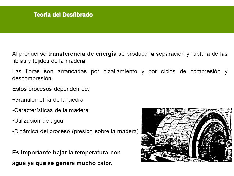 Teoría del Desfibrado Al producirse transferencia de energía se produce la separación y ruptura de las fibras y tejidos de la madera.