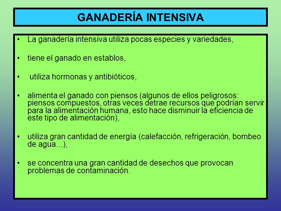 GANADERÍA INTENSIVA La ganadería intensiva utiliza pocas especies y variedades, tiene el ganado en establos,