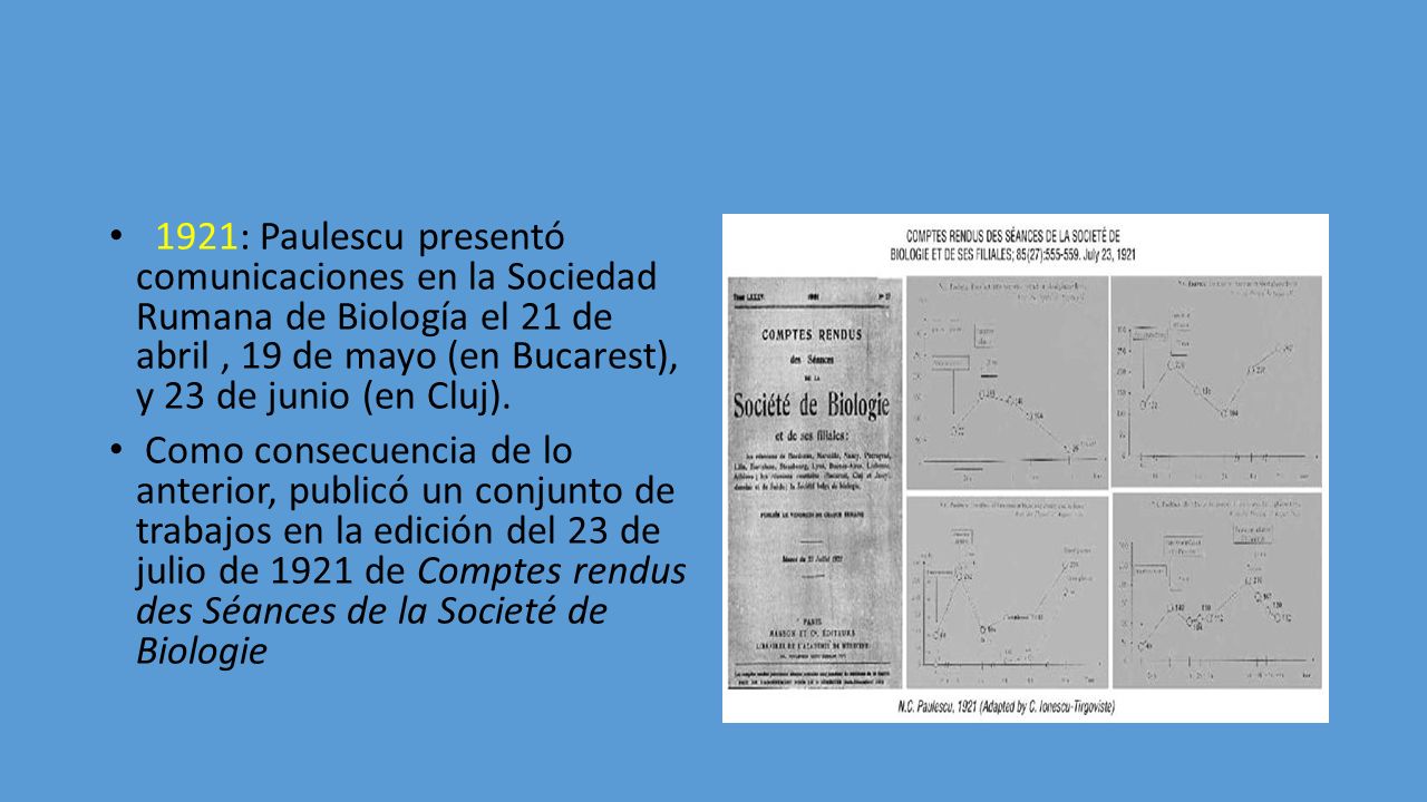 1921: Paulescu presentó comunicaciones en la Sociedad Rumana de Biología el 21 de abril , 19 de mayo (en Bucarest), y 23 de junio (en Cluj).