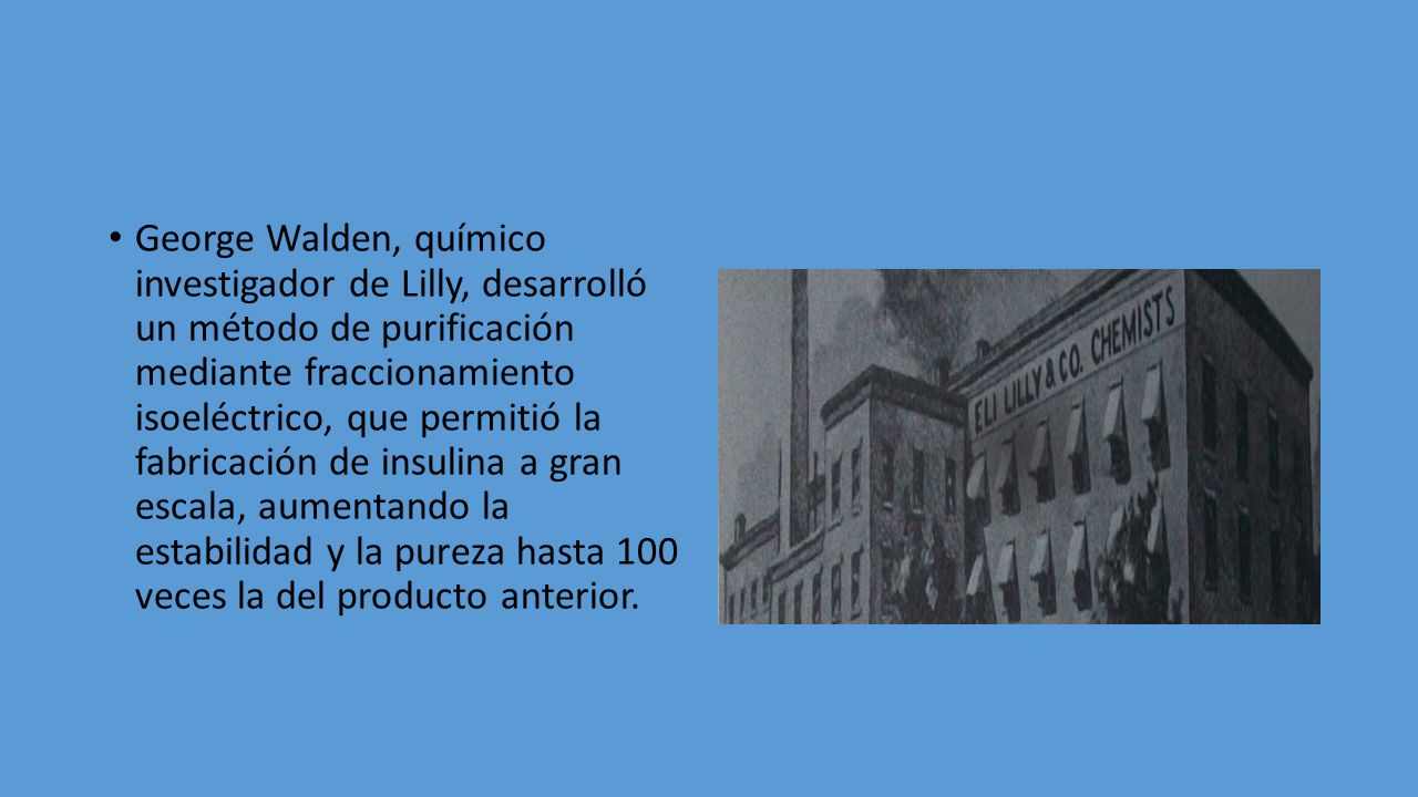 George Walden, químico investigador de Lilly, desarrolló un método de purificación mediante fraccionamiento isoeléctrico, que permitió la fabricación de insulina a gran escala, aumentando la estabilidad y la pureza hasta 100 veces la del producto anterior.