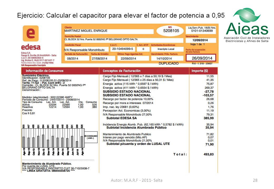 Ejercicio: Calcular el capacitor para elevar el factor de potencia a 0,95
