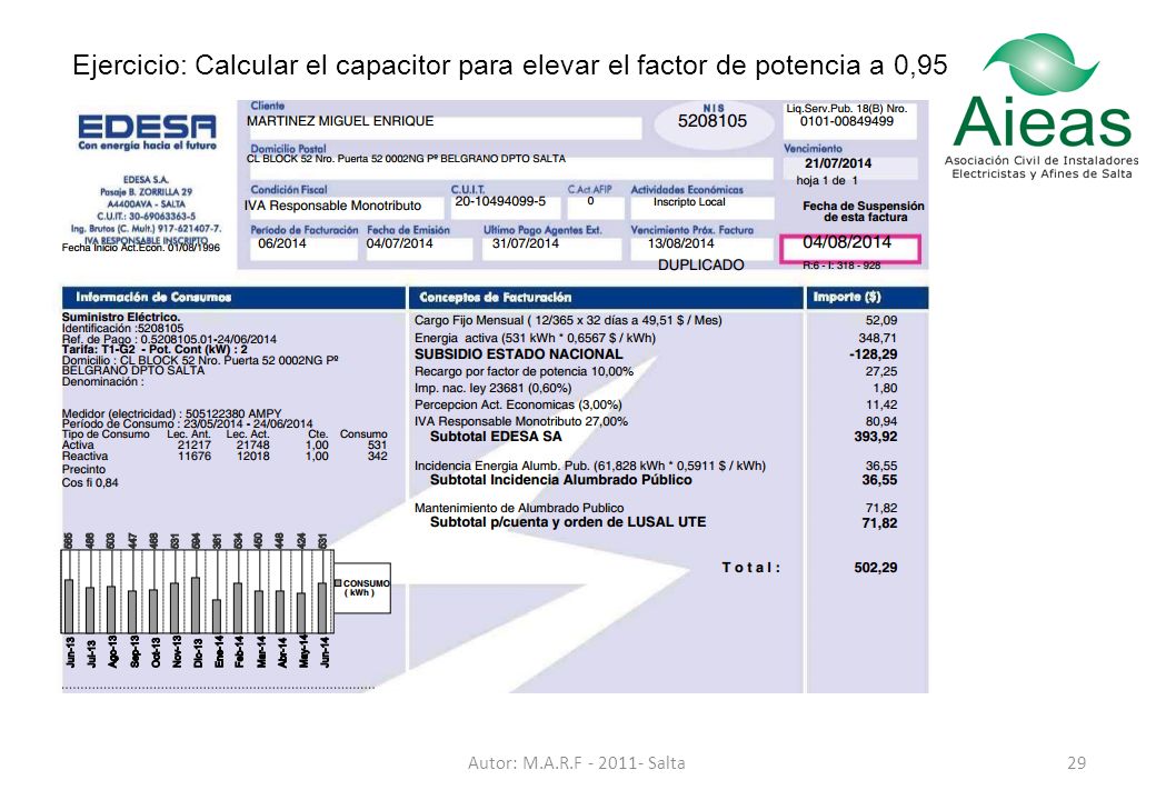 Ejercicio: Calcular el capacitor para elevar el factor de potencia a 0,95