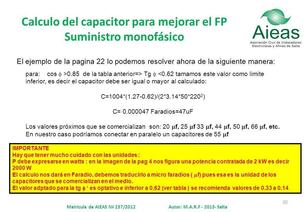 Calculo del capacitor para mejorar el FP Suministro monofásico