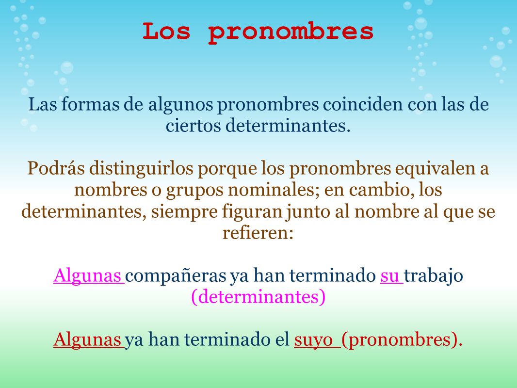 Los pronombres Las formas de algunos pronombres coinciden con las de ciertos determinantes.