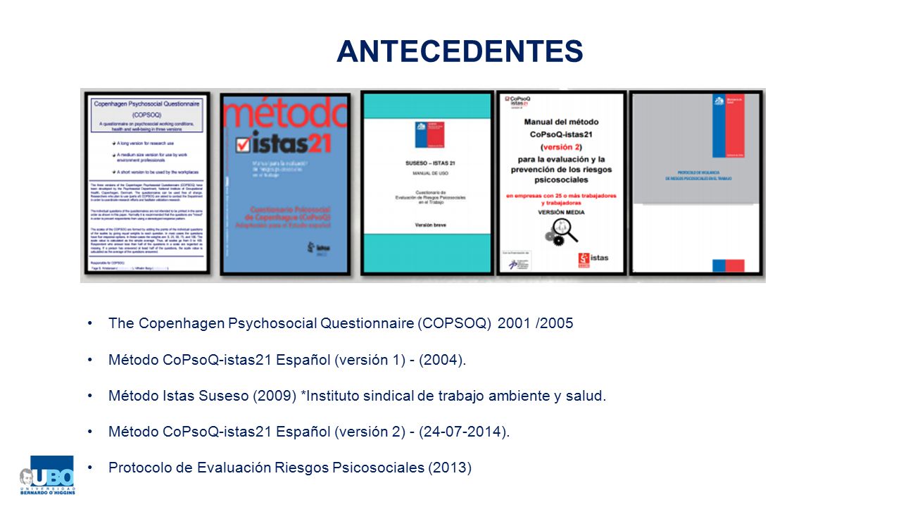 ANTECEDENTES The Copenhagen Psychosocial Questionnaire (COPSOQ) 2001 /2005. Método CoPsoQ-istas21 Español (versión 1) - (2004).