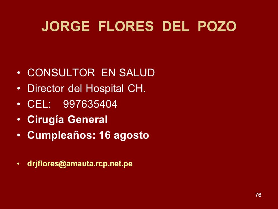 JORGE FLORES DEL POZO CONSULTOR EN SALUD Director del Hospital CH.