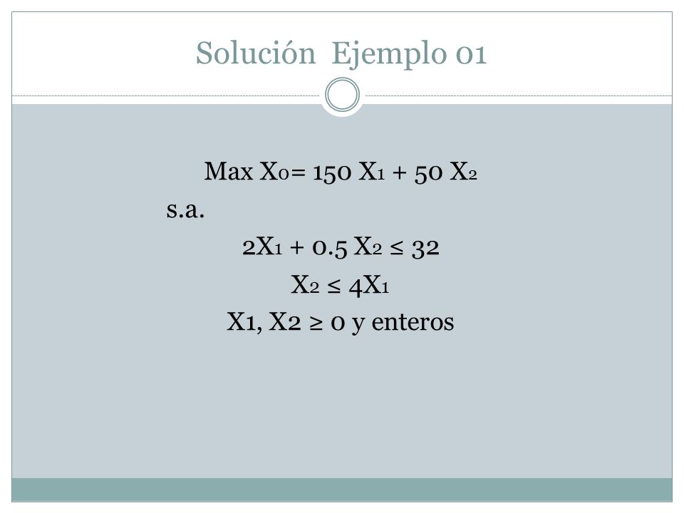 Solución Ejemplo 01 s.a. Max X0= 150 X X2 2X X2 ≤ 32