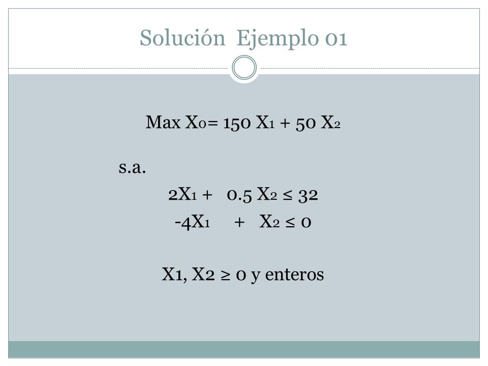 Solución Ejemplo 01 s.a. Max X0= 150 X X2 2X X2 ≤ 32