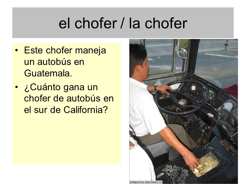 el chofer / la chofer Este chofer maneja un autobús en Guatemala.