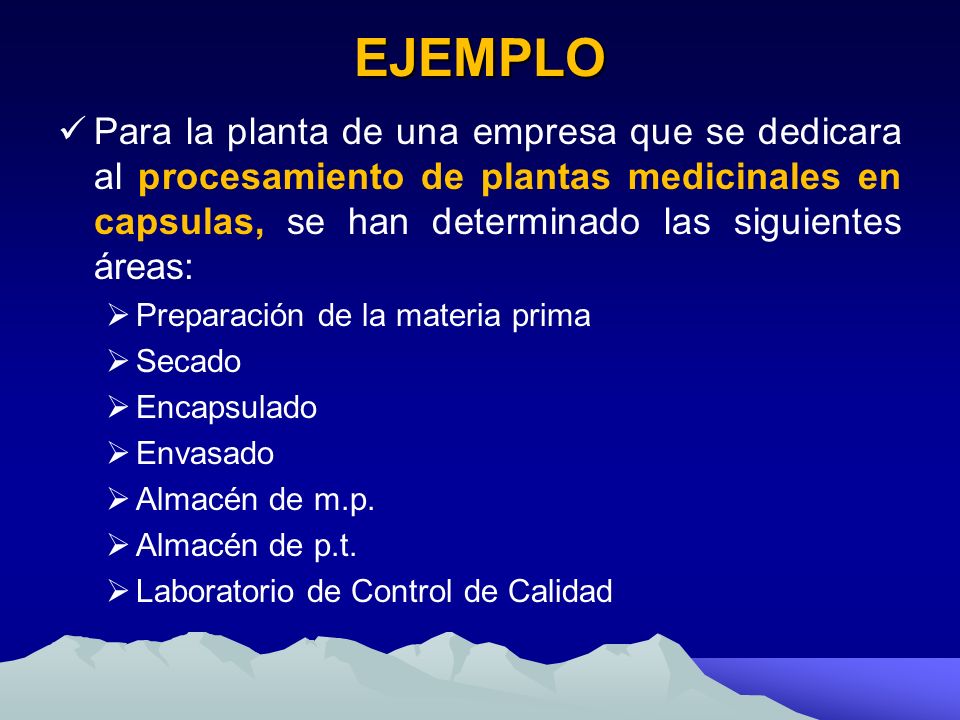 EJEMPLO Para la planta de una empresa que se dedicara al procesamiento de plantas medicinales en capsulas, se han determinado las siguientes áreas: