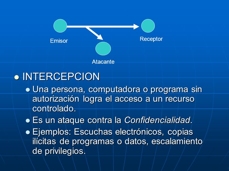 Receptor Emisor. Atacante. INTERCEPCION. Una persona, computadora o programa sin autorización logra el acceso a un recurso controlado.