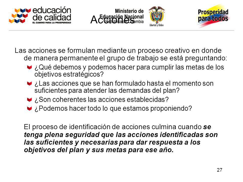 Acciones Las acciones se formulan mediante un proceso creativo en donde de manera permanente el grupo de trabajo se está preguntando: