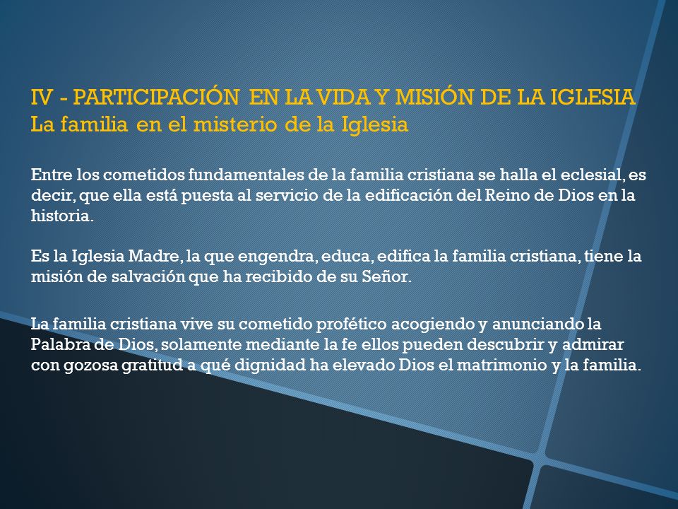 IV - PARTICIPACIÓN EN LA VIDA Y MISIÓN DE LA IGLESIA