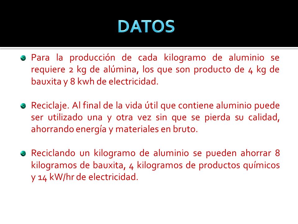 DATOS Para la producción de cada kilogramo de aluminio se requiere 2 kg de alúmina, los que son producto de 4 kg de bauxita y 8 kwh de electricidad.
