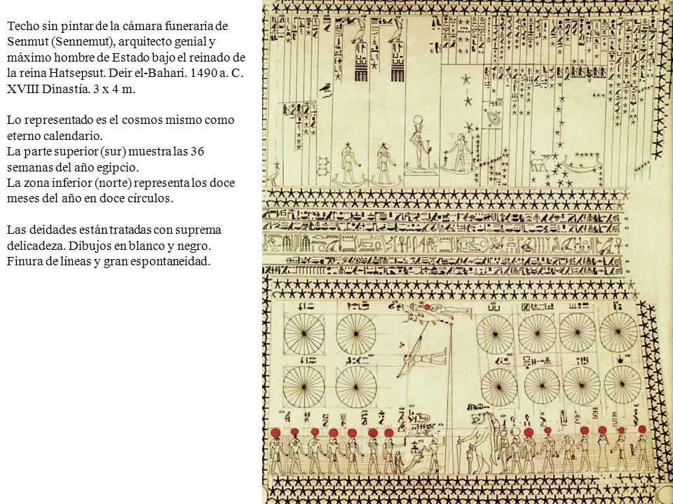Techo sin pintar de la cámara funeraria de Senmut (Sennemut), arquitecto genial y máximo hombre de Estado bajo el reinado de la reina Hatsepsut. Deir el-Bahari a. C. XVIII Dinastía. 3 x 4 m.