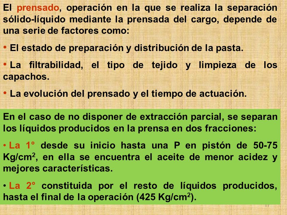 El prensado, operación en la que se realiza la separación sólido-líquido mediante la prensada del cargo, depende de una serie de factores como: