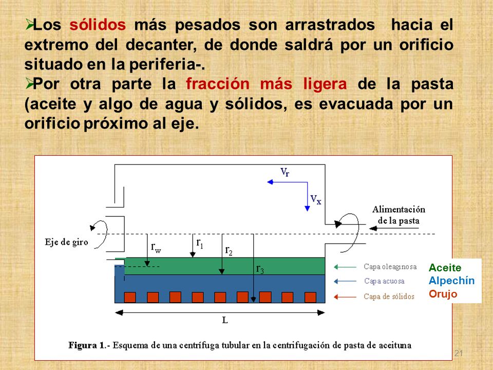Los sólidos más pesados son arrastrados hacia el extremo del decanter, de donde saldrá por un orificio situado en la periferia-.