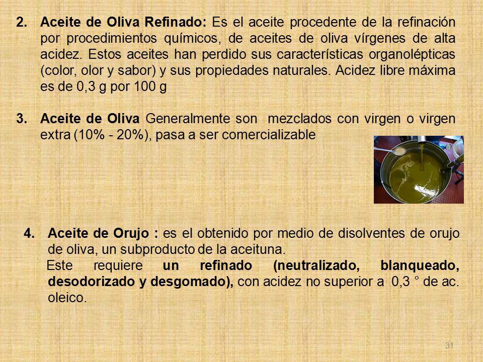 Aceite de Oliva Refinado: Es el aceite procedente de la refinación por procedimientos químicos, de aceites de oliva vírgenes de alta acidez. Estos aceites han perdido sus características organolépticas (color, olor y sabor) y sus propiedades naturales. Acidez libre máxima es de 0,3 g por 100 g