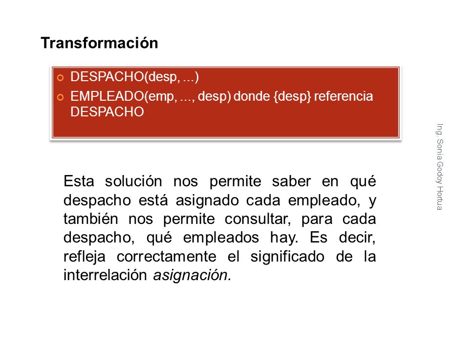 Transformación DESPACHO(desp, ...) EMPLEADO(emp, ..., desp) donde {desp} referencia DESPACHO.