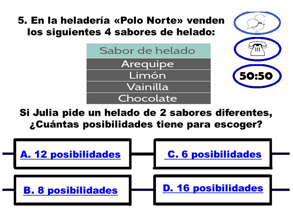 5. En la heladería «Polo Norte» venden los siguientes 4 sabores de helado:
