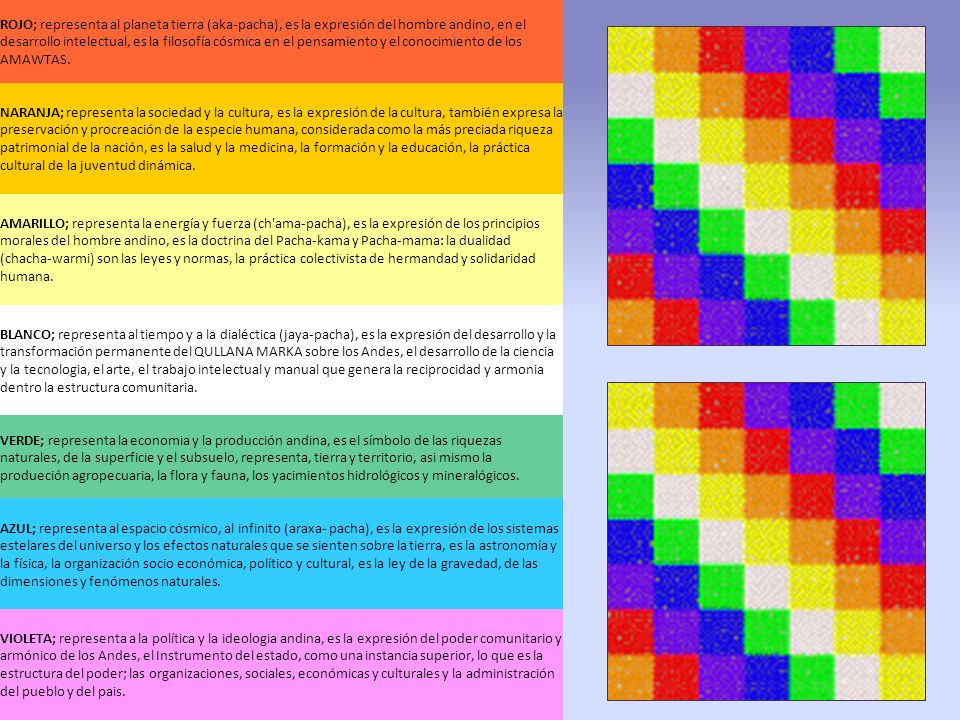 ROJO; representa al planeta tierra (aka-pacha), es la expresión del hombre andino, en el desarrollo intelectual, es la filosofía cósmica en el pensamiento y el conocimiento de los AMAWTAS.