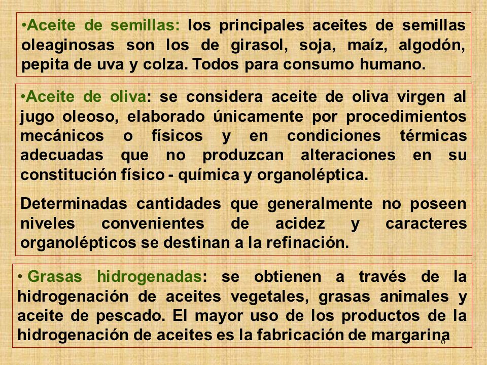 Aceite de semillas: los principales aceites de semillas oleaginosas son los de girasol, soja, maíz, algodón, pepita de uva y colza. Todos para consumo humano.